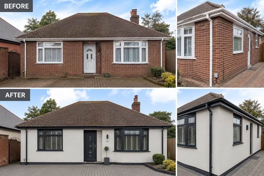 Detailed external wall insulation before and after on a bungalow