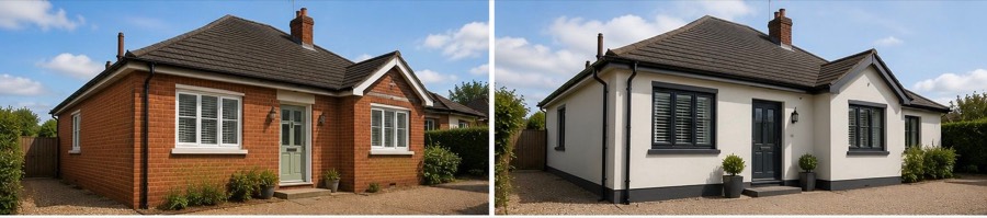 External wall insulation before and after on a bungalow